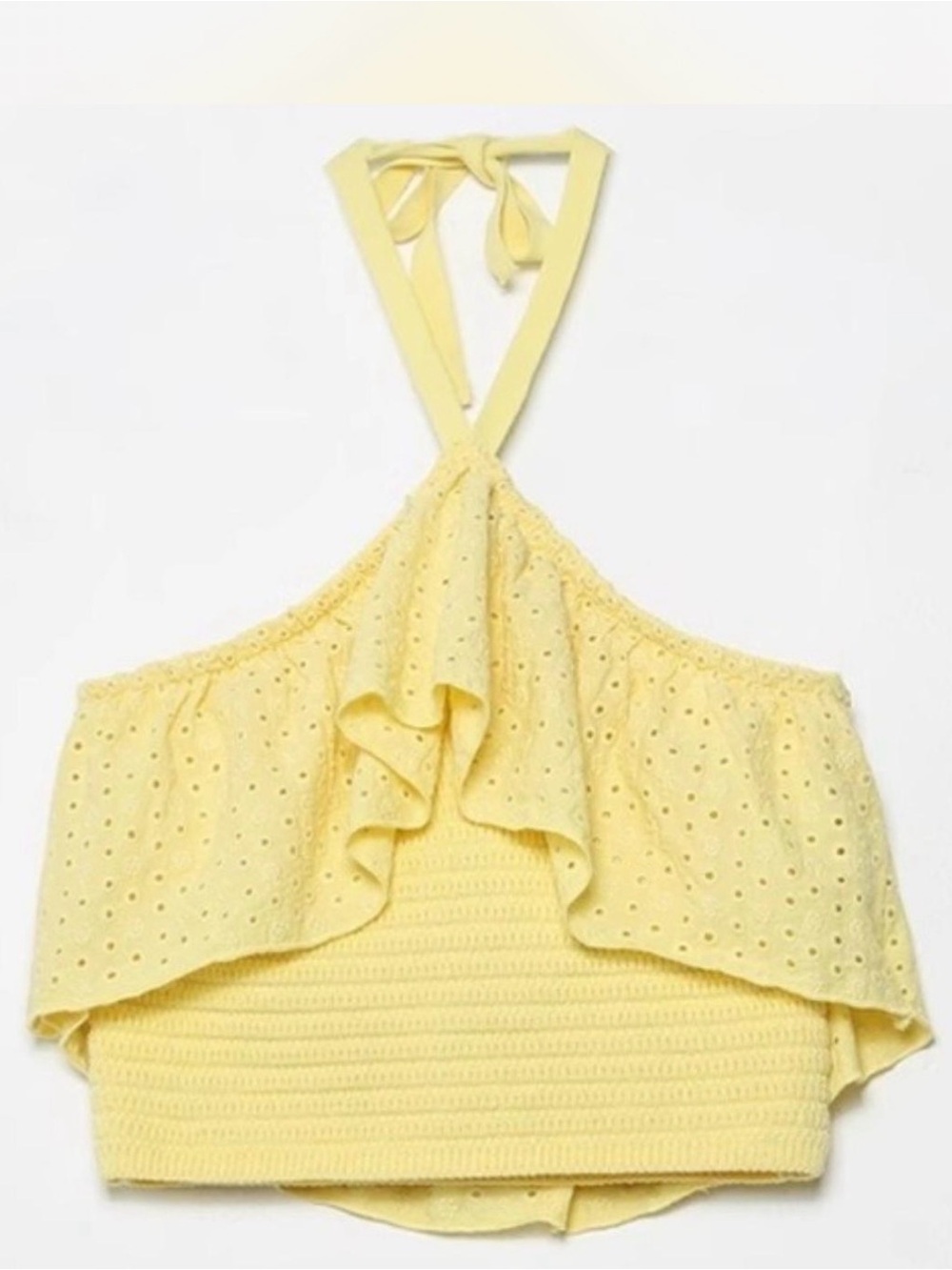 Zara Yellow Eyelet Ruffle Halter Crop Top